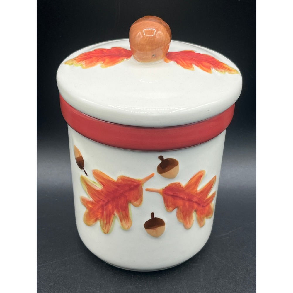 Hallmark Autumn Fall Leaves Acorns Canister Candy Trinkets Candles Decor Lid 6"‎